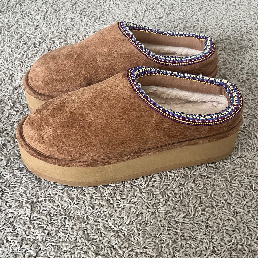 Madden Girl Tan Suede Platform Mules with Beaded Trim